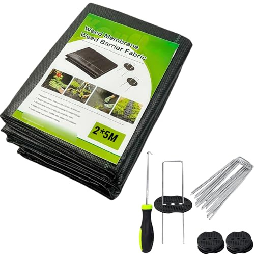 Zykphao Membrana de control de malezas resistente de 2 x 5 m, tela de barrera contra malezas de jardín estabilizada a los rayos UV con clavijas, arandelas y ganchos para patios, parterres y paisajismo
