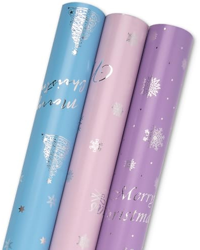 Weihnachtsgeschenkpapier – 3 Rollen à 43 cm x 3 m. Mit Weihnachtsmotiven und Schneeflocken bedruckt. Für Weihnachten, Geburtstage, Hochzeiten, Partys und Feste
