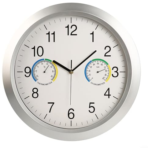 Orologio da parete silenzioso da 39 cm, con termometro e igrometro, design in plastica senza ticchettio, per uso interno/semi-esterno, ampio display numerico per una facile lettura, decorazione