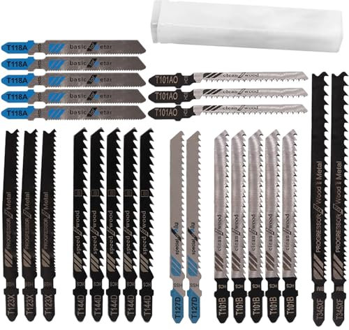 25PCS Jigsaw Blades Set, Assorted Blades for Wood and Metal Cutting, Compatible with Bosch Dewalt Jig Saw Tools (T101B×5 + T101AO×3 + T118A×5 + T144D×5 + T345XF×2 + T127D×2 + T123X×3)