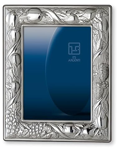 CORNICE PORTAFOTO CM.13x18 TOTALI CON LASTRA IN ARGENTO 925% A FASCIA LARGA DECORO BACCO CON MELOGRANI E UVA SU BASE ECO LEGNO IN ARGENTO 925% CON SCATOLA DA REGALO E GARANZIA MADE IN ITALY 899/3