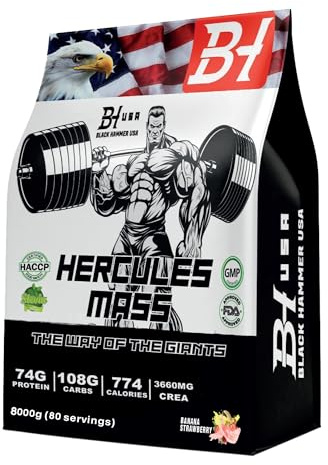 Black Hammer USA – HERCULES Mass Gainer – Hochkalorischer Weight Gainer für schnellen Masseaufbau | Protein- & Kohlenhydrat-Shake mit BCAA | Muskelaufbau, Kraft & Regeneration (8kg, Banane-Erdbeer)