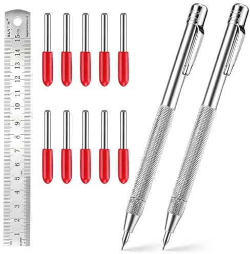 Reißnadel 2 Stück Anreißer mit Wolframkarbidspitze und 10 Ersatzmarkierungsspitzen | 15cm Stahllineal und Magnetischem Schwanz, für das Markieren auf Metall, Glas