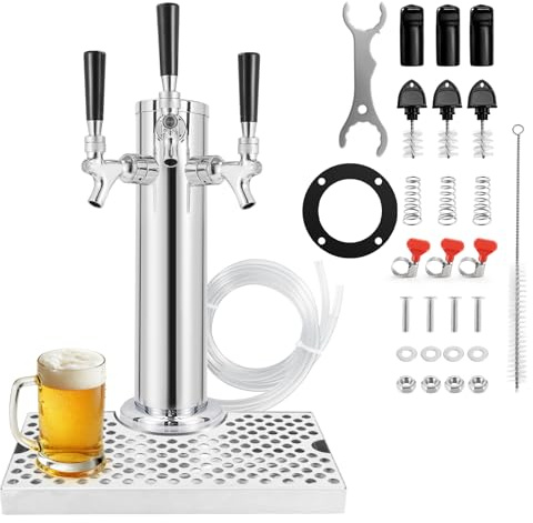 3 Tap Kegerator Tower Beer Tap Tower with Stainless Steel Beer Drip Tray, Pre-installed Draft Beer Keg Tower with Kegerator Parts Keg Drip Tray for Homebrew