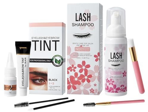 Wimpernfarbe und Augenbrauenfarbe Set, Natürlich Dicht & Salon-Qualität, Einfache Anwendung für zu Hause, Wimpernfarbe Schwarz 7 ml, Wimpernshampoo für Wimpernverlängerung 100 ml