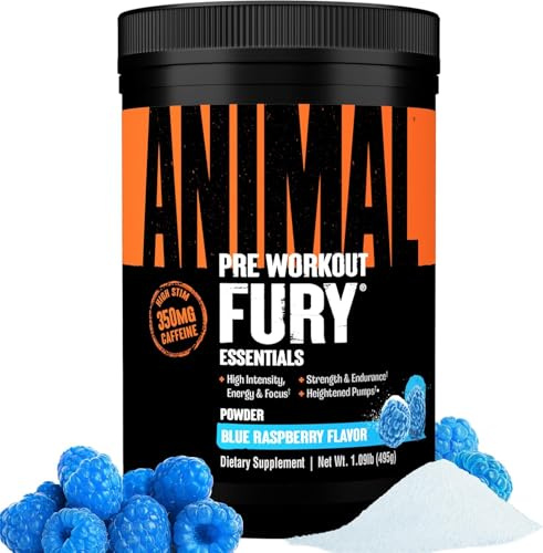 ANIMAL Fury Pre Workout Blue Raspberry – Trainingsbooster mit BCAA, Beta-Alanin, Citrullin & 350 mg Koffein – Zuckerfreies Pre Workout Pulver – Für Fokus, Pump & Energie – 30 Portionen