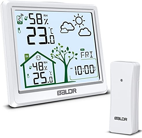 Wetterstation Funk mit Außensensor, Digital Funkuhr mit Innen und Außen Thermometer, Raumthermometer Feuchtigkeit mit Wettervorhersage Uhrzeit Temperatur Wecker Funktion, zum Stellen/Hängen(Weiß)