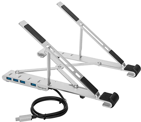 Targus Soporte para portátil con concentrador USB-A Integrado, Elevador para portátil, Soporte de Mesa Plegable con Conexiones para los periféricos – Plata, AWU100205GL