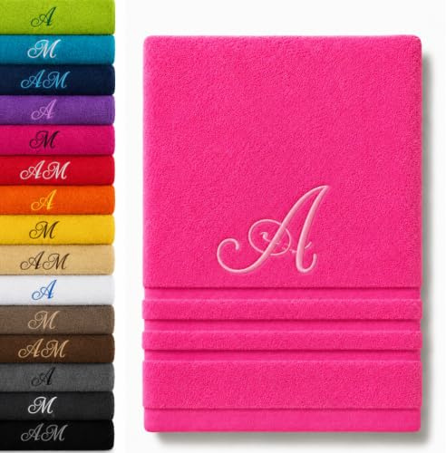 Pet-Jos Personalisiertes Badetuch mit Monogramm, wunderschön gestickte Buchstaben oder Namen, Monogramm-Handtuch, Badetuch, 100% Baumwolltuch (140 x 70 cm, rosa)