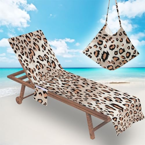 Surwin Sun Lounger Towel with Pockets, Leopard Print Beach Towel Chair Cover Sunbed Towels Lounger Bag for Summer Holiday Outdoor Garden Pool Vacation -Cream, 75x210cm