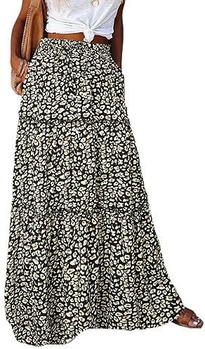 Byoauo kjol dam lång boho blommor hög elastisk midja med fickor och bälte maxi kjol veckad kjol strandkjol fritidskjol, Svartvita och blommor, XL