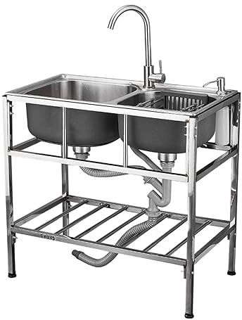 Mobiles Küche Spültisch 2 Becken-Spülbecken Mit Wasserhahn Außenbereich Camping Edelstahl Waschbecken,Free Standing Commercial Sink,Für Restaurant Waschküche (80x43x75cm)