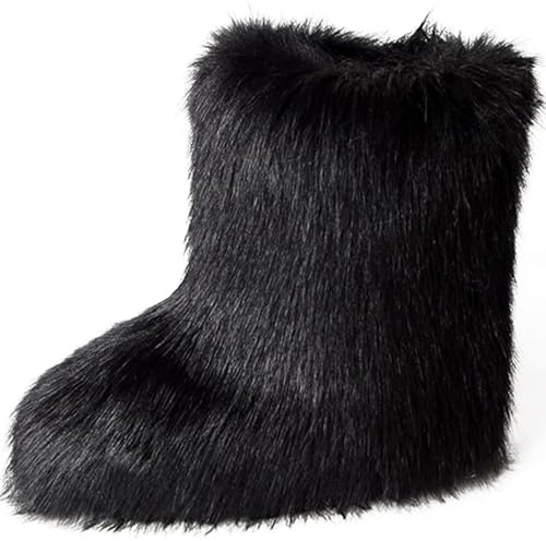 YXCFEWD Fur Boots for Women Winter Fluffy Furry Boots for Girls Flat Heel Snow Boots(Black, 9)