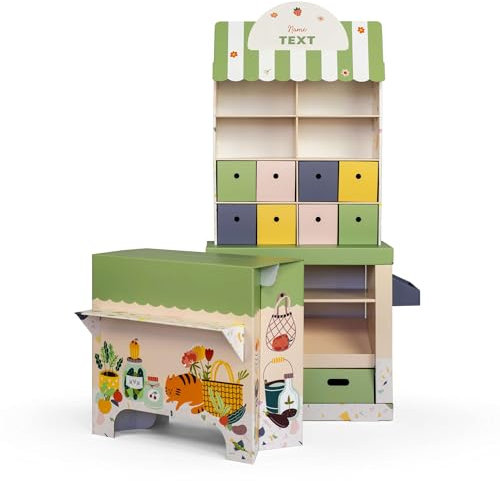 FOLDZILLA Kaufladen für Kinder 151 x 68 x 30 cm Kaufmannsladen Supermarkt Verkaufsstand aus Pappe Marktstand - Biomarkt Wunschtext