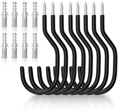 KINGLAKE 8 Pcs Black Bike Hooks, Garage Storage and Shed Heavy Duty Ceiling Hooks, Wall Mount Plastic Coated Bicycle Tool Hanger for Wall Bike Hanging