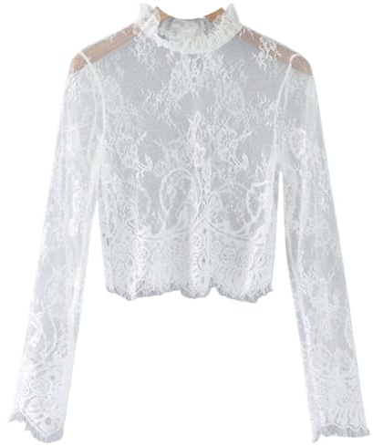 YEKEYI Maglia da donna a maniche lunghe in rete, blusa trasparente con pizzo floreale, top in pizzo, B bianco, XL