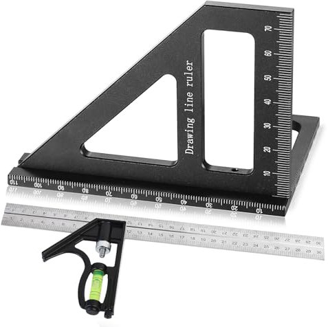 Zimmermannswinkel, Kombinationswinkel 300mm mit Wasserwaage, Anreissnadel+3D Gehrungswinkel Aluminiumlegierung für Zimmermann, Dachdecker, Ingenieur (Schwarz)