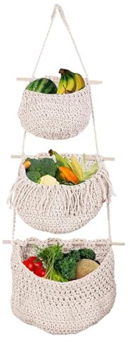 Corbeille à fruits suspendue en corde de coton bohémien - Présentoir pour montage mural - 100 % naturel. Corbeille à fruits murale, rangement de fruits, panier suspendu, panier à fruits, panier mural