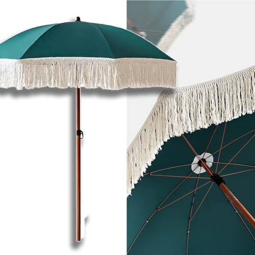 OPOLDBDMAC Boho Sonnenschirm Dunkelgrün Strandschirm Mit Fransen Wasserdicht UV-Schutz Terrassenschirm Tragbarer Gartenschirm 180cm Tischschirm
