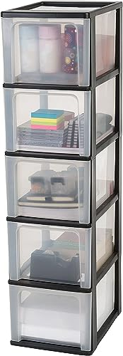 Iris Ohyama, Kunststoff Schubladenbox mit 5 tiefen Schubladen, Schwarz, Easy-Pull-System, A4, A5 & A6 Format, Schreibtisch Organizer für Büro, Schreibwaren, BPA-frei, Schubladenschrank, OCH-2500