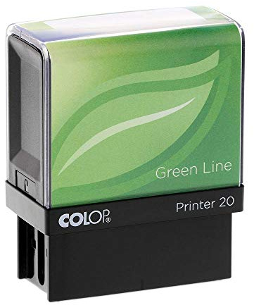 Stempel Green Line personalisiert, Colop Printer 20, 38x14 mm, 4 Zeilen | Nachhaltigere Serie: Gehäuse laut Hersteller überwiegend aus Recyclingkunststoff – Selbstfärber mit Wunschtext