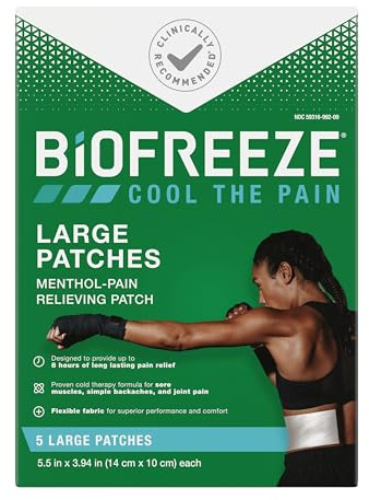 Biofreeze Menthol Pain Relieving Patches (5 Patches Per Box) Up to 8 Hours of Pain Relief from Sore Muscles, Arthritis, Backaches, Spains, Bruises, Strains and Joint Pain (Package May Vary)