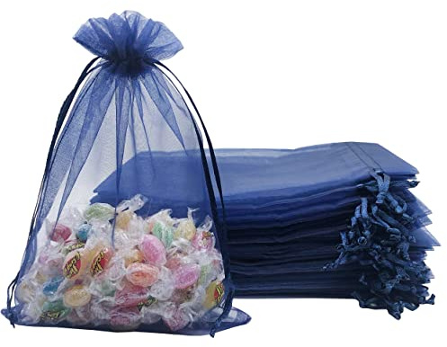 Jexila Durchsichtige Organza-Beutel mit Kordelzug, 12,7 x 17,8 cm, marineblau, Netzstoff, Schmuckbeutel für Hochzeit, Party, Geschenkbeutel, 100 Stück (Marineblau)