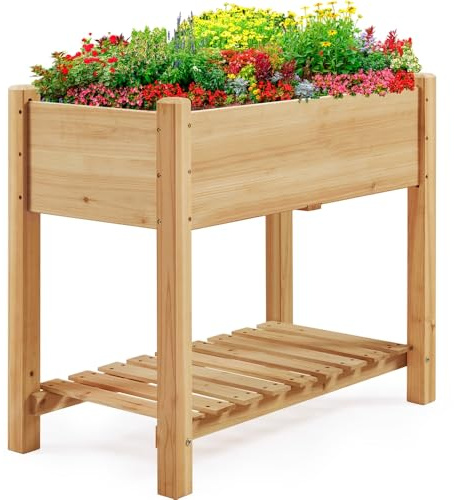 Yaheetech Carré Potager sur Pied en Bois avec Plateau Intérieur Extérieur Structure Ergonomique Trous de Drainage pour Balcon/Jardin
