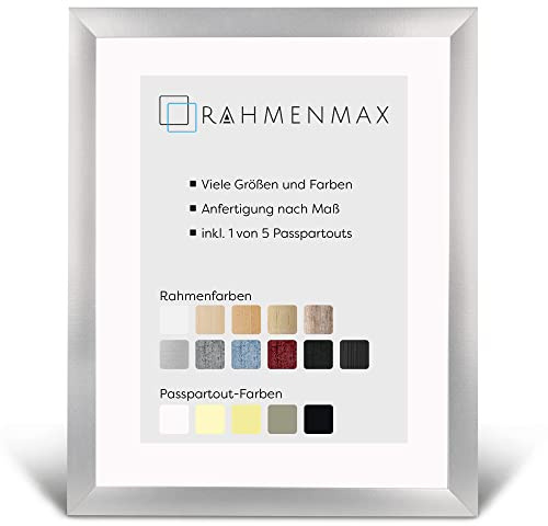 RahmenMax® Toskana Bilderrahmen 70x90 cm mit Passepartout passend für Bild 60x80 cm/Maßanfertigung möglich/MDF Bilder Rahmen/Rahmenfarbe: Alu-gebürstet, Passepartoutfarbe: Ultra Weiß