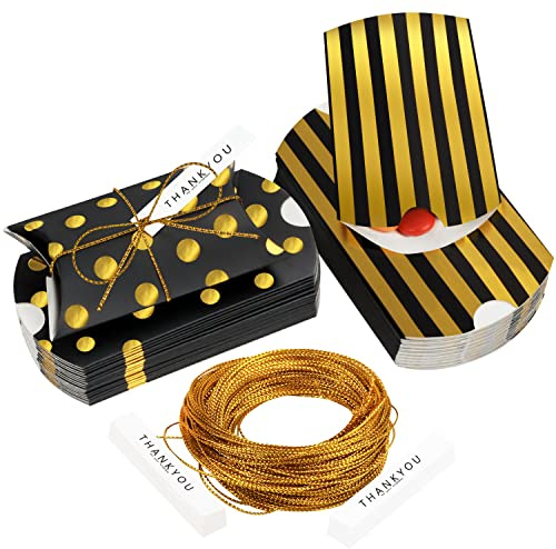 Belle Vous 50Stk Geschenkbox Klein Karton Box Set Gold & Schwarz mit Anhänger & Schnur - Vintage Verpackung für Geldgeschenke Punkte & Streifen – Party Geschenkbox Hochzeit, Geburtstag, Weihnachten