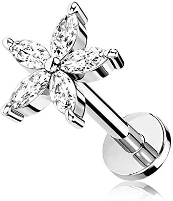 beyoutifulthings 1 Knorpel Ohr-Stecker Zirkonia Blume viele Farben 6/8 mm Länge Cartilage Piercing-s Labret Tragus Edelstahl Schraub-Verschluss