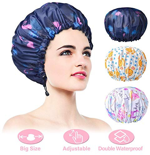 3 PCS Adjustable Shower Caps, Double Layer Waterproof Bathing Cap for Shower, Extra Large Reusable Hair Cap for Women, Waterproof Exterior & EVA Lining, Oversized Design for All Hair Lengths/Style
