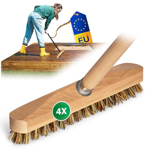 Novaliv 4X Schrubber aus Holz mit Union Borsten und Holzstange| Wischer mit Gewinde| Scheuerbürste| Boden-Bürste| Balkon Terrasse Garten Innen- Außenbereich Schrubber