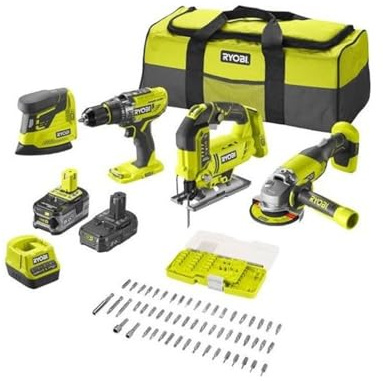 Combo Ryobi inalámbrico 18V | Amoladora, Taladro, Lijadora, Sierra con 2 baterías