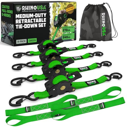Rhino USA Automatik Spanngurte (4er-Set) 2,5cm x 3m - Selbstaufrollend | 540kg Bruchfestigkeit, Spanngurt Automatik Selbstaufrollend. Für LKW, Anhänger, Motorrad, Fahrrad & UTV. Grün