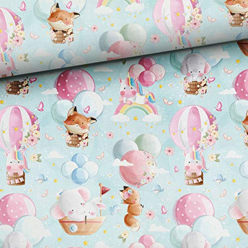 100x165cm French Terry Sweat Stoff in Meterware für Kinder - Stoffe zum Nähen - Tiere Stoff mit Fuchs Einhorn Elefant auf pastell mint - Sommersweat Kinderstoff