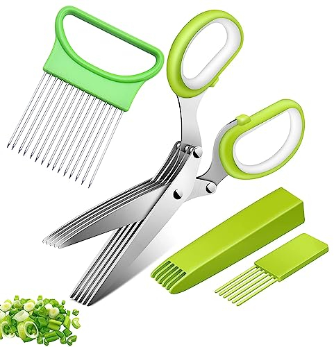 Tijera de Hierbas con 5 Hojas, Soporte de Ceboll, Tijeras para Hierbas de Acero Inoxidable, Tijeras para Hierbas, Multifuncionales Tijeras de Cocina, Tijeras Multifuncionalescon peine de limpieza