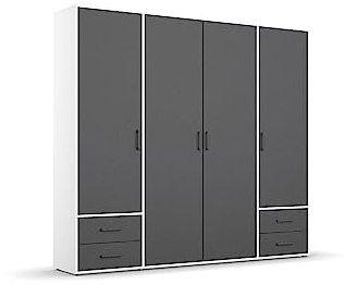 Rauch Möbel Voyager, Kleiderschrank, Grau metallic/Weiß, Breite 187 cm | Schrank, Mehrzweckschrank, 4-türig, 4 Schubladen, Zubehör Basic, für Schlafzimmer, Kinderzimmer, Studentenwohnung, Garderobe