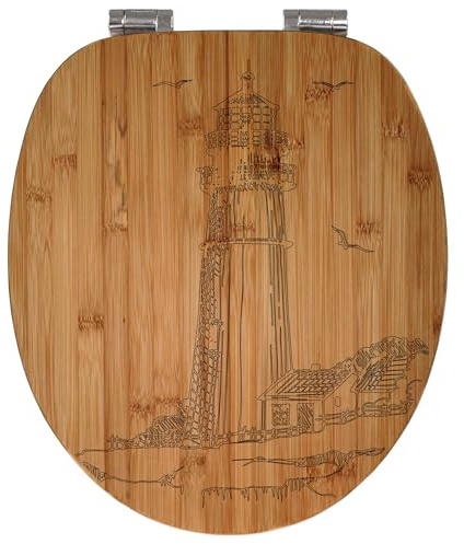 banjado® Hochwertig gravierter Design WC Sitz Bambus Absenkautomatik Leuchtturm 4 / Toilettendeckel mit Absenkautomatik Holz/Bambus Klodeckel/WC-Sitz für alle gängigen Toiletten