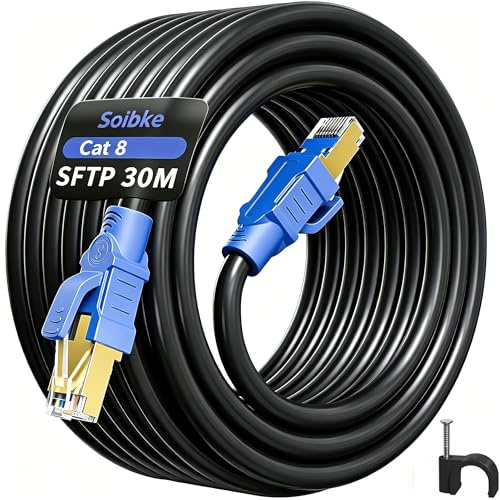 LAN Kabel 30Meter Schwarz Cat8 Internet Kabel 30m Ethernet Kabel High Speed | Cat 8 Netzwerkkabel Patchkabel SFTP Geschirmt Wlan RJ45 Gigabit für Modem Router