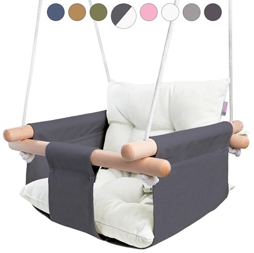 CaTeam - Canvas-Babyschaukel, Holz-Hängeschaukelsitz mit Sicherheitsgurt, langlebige Babyschaukel, Schaukel für Kinder für drinnen und draußen, Montagematerial inklusive, Grau-Weiß