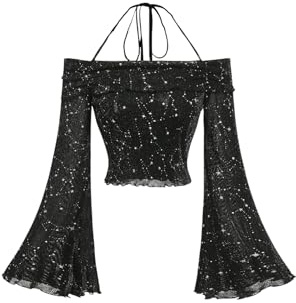 GORGLITTER Crop Toppar för kvinnor, långärmade skjortor, axellös topp, halterneck, topp, glitter, topp med volang ärmar, svart, L