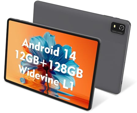 CWOWDEFU 10 Inch Android 14 Tablet,12GB+128GB,Expandable 1TB,Face ID,WiFi 6,Dual 8MP+5MP Camera,Reading/Gaming (Grey)