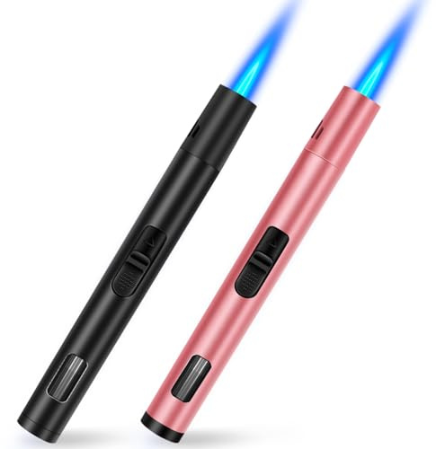 BBQ Lighter Long Reach Gas Refillable, Butane Torch Lighter 2 Pack Jet Flame Lighter Wind Proof, Pen Torch Flame Lighters for Barbecue Camping, Candles, Fireplace, Campfire (No Gas Included）