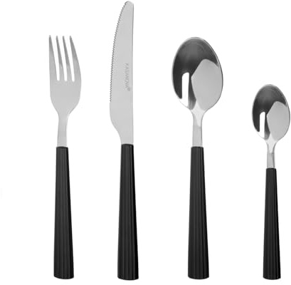 Set di posate da 16 pezzi, colore nero, 18/0, a righe