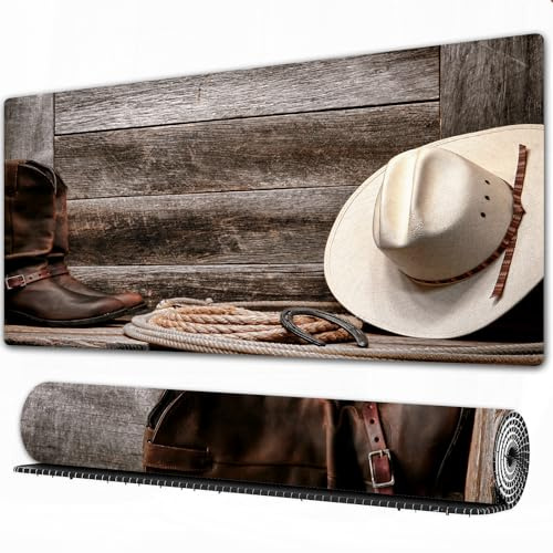 FEHWI Grand Tapis de Souris de Jeu avec Bords surpiqués et Dos antidérapant,sous-Main pour Clavier et Souris,Chapeau de Cow-Boy Traditionnel en Paille Blanche de Style rodéo de l'Ouest améri,75x40 cm