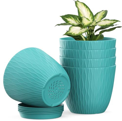 Homeuouz 5 Packs Blumentopf mit Bewässerungssystem, 15.3cm Pflanzentopf mit Bewässerungssystem, Übertopf mit Untersetzer, Blumentöpfe Set Ideal für Innen und Balkongärten, Dunkelgrün