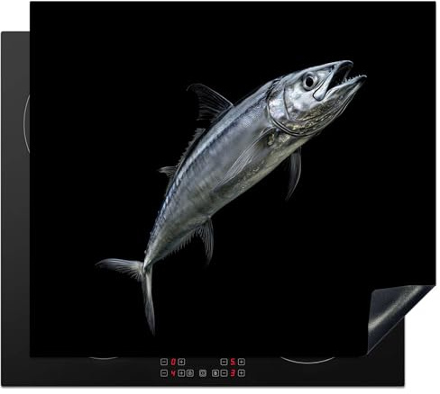 KitchenYeah© Herdabdeckplatte Einteilig Ceranfeld Abdeckplatte Küche Deko | 60x52 cm - Ceranfeldabdeckung Herdabdeckung Induktionsmatte Makrele - Fisch - Schwarz
