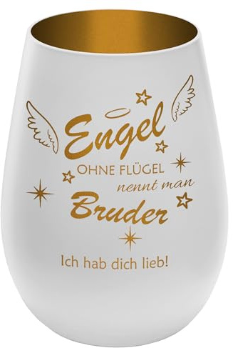 Windlicht mit Gravur ''Engel ohne Flügel nennt man Bruder'' Texte nach Wunsch frei gestaltbar personalisierbar - Weiß/Gold - Teelichthalter mit Wunschtext - Geschenkidee für Liebe Person