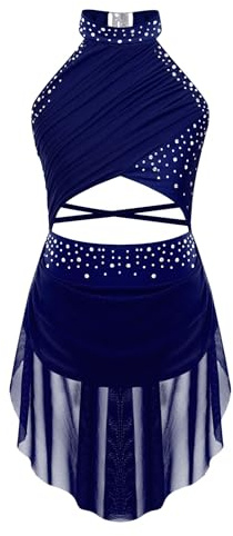 Miaeowve Kids Girls Lyrical Dance Dress Ballet Gymnastics Performance Costume Sleeveless Figure Skating Dress Navy Blue 11-12 Years